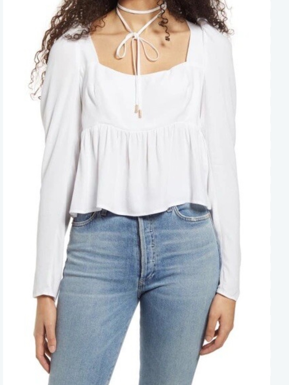 AFRM White Square-Neck Peplum Blouse with Long Sleeves